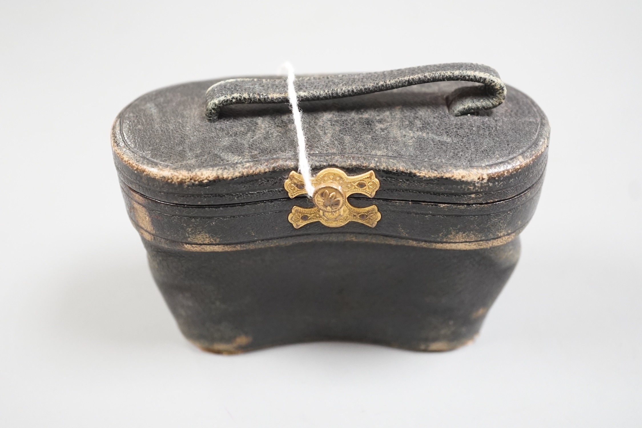 A pair of French enamel, brass and mother of pearl opera glasses, signed ‘Le Maire Paris’, in original fitted case